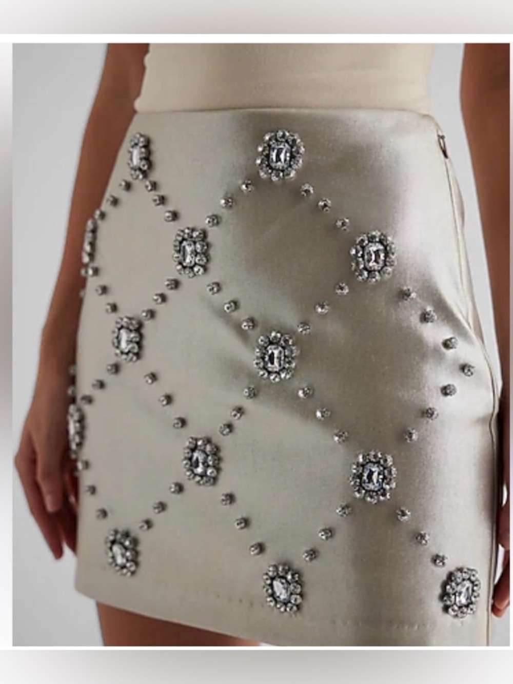 Express Champagne Satin Mini Skirt with Jeweled Embellishments